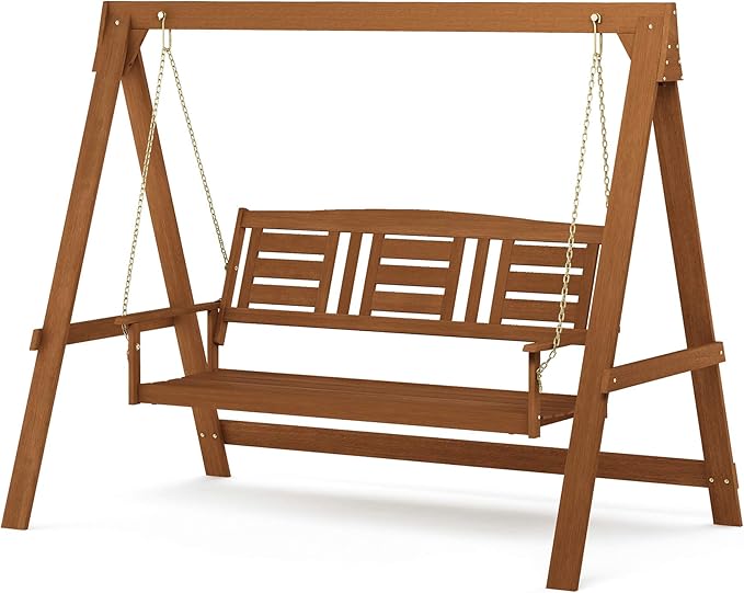 3 Seater Wooden Garden Swing with Stand Natural Patio