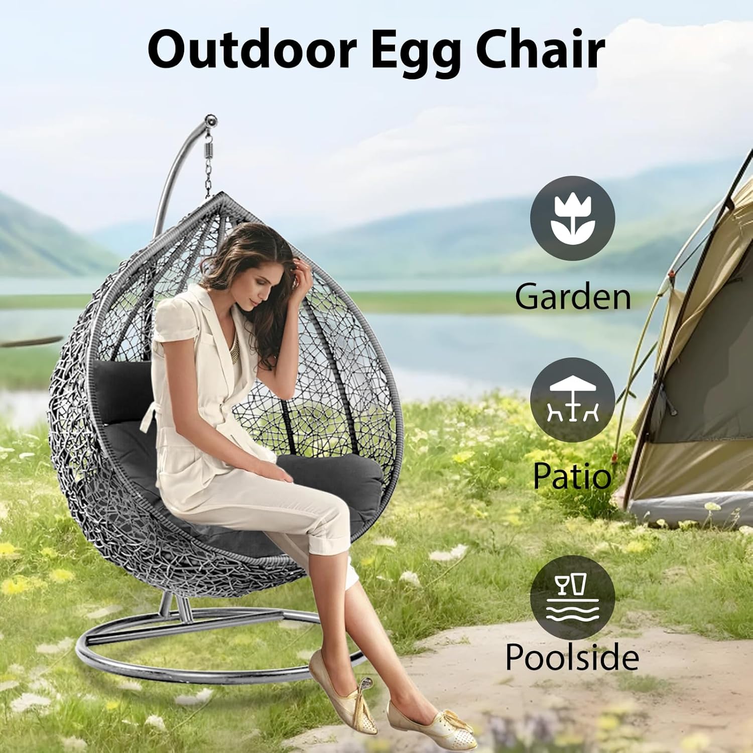 Rattan Hanging Egg Chair with Stand Black Brown