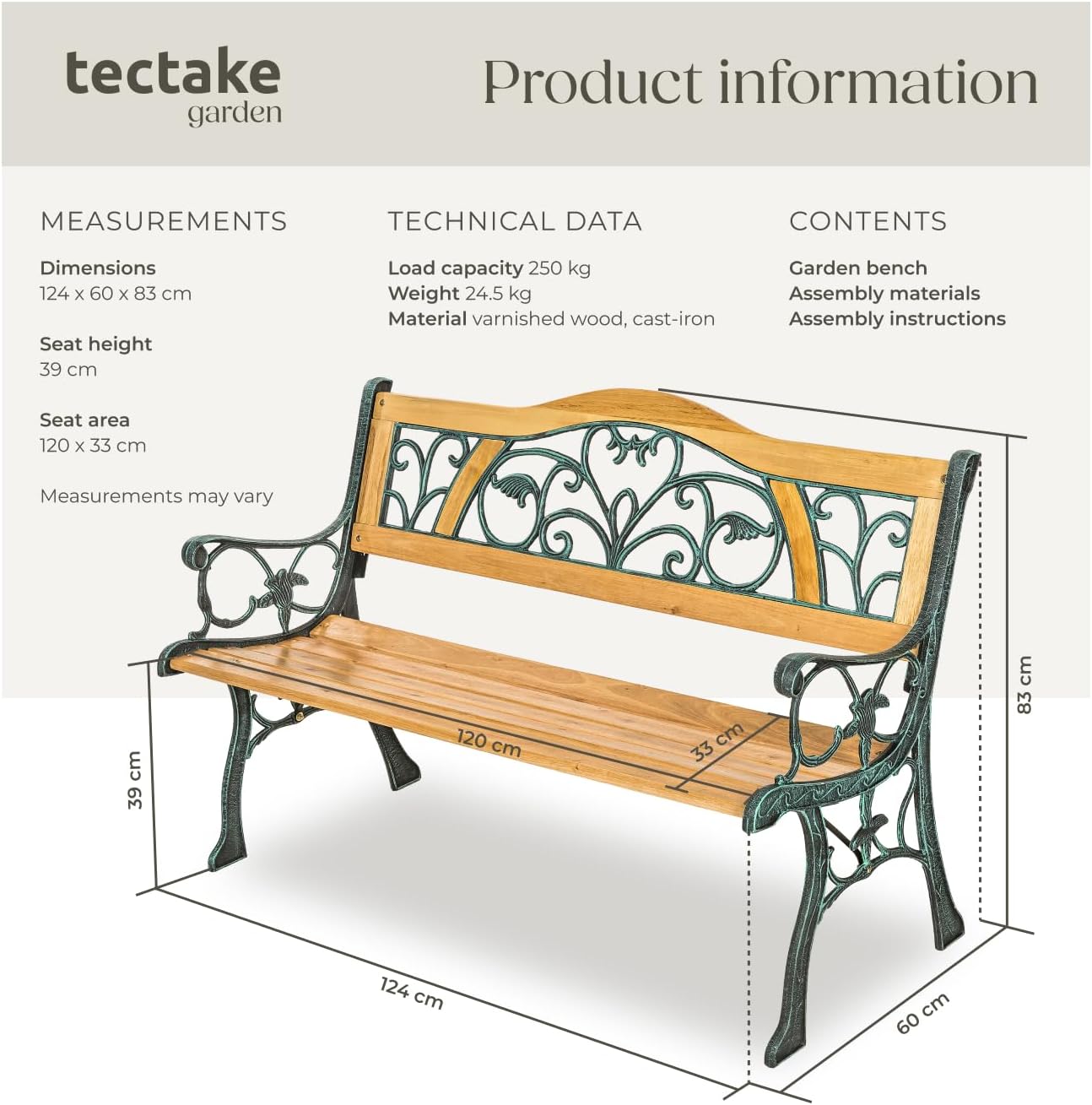 2 Seater Wooden Garden Bench Cast Iron Frame Outdoor Patio Seat