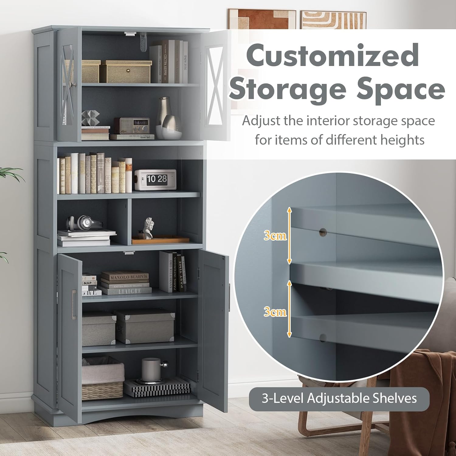 Tall Storage Cabinet Grey Adjustable Shelf Door Unit