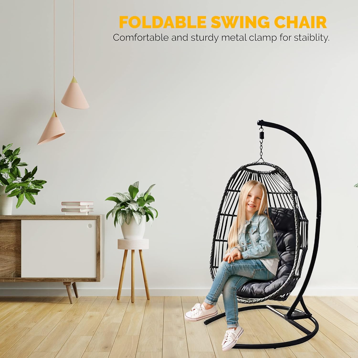 Hanging Egg Chair with Stand Foldable Rattan Swing Grey