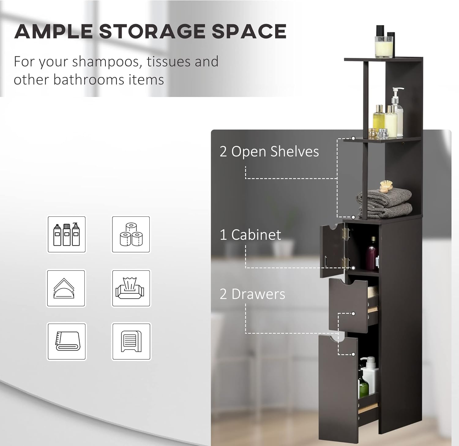 Slim Tall Bathroom Storage Cabinet 2 Drawers Shelves Brown