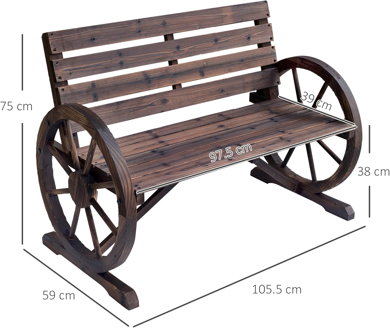 Rustic Wooden Garden Bench 2 Seater Wagon Wheel Armrest Patio Seat