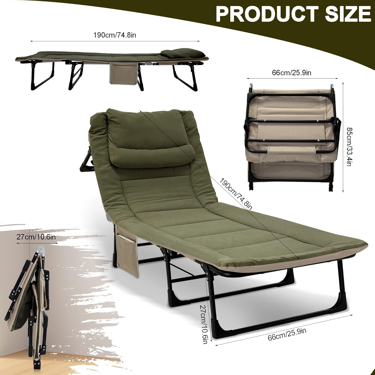 Foldable Sun Lounger Bed Green 6 Position Recliner
