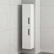 Gloss White Wall Hung Tall Bathroom Cabinet 2 Door Black Handle