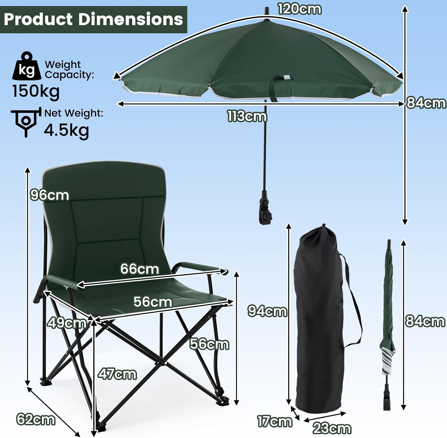 2 Pack Camping Chairs with Adjustable Umbrella