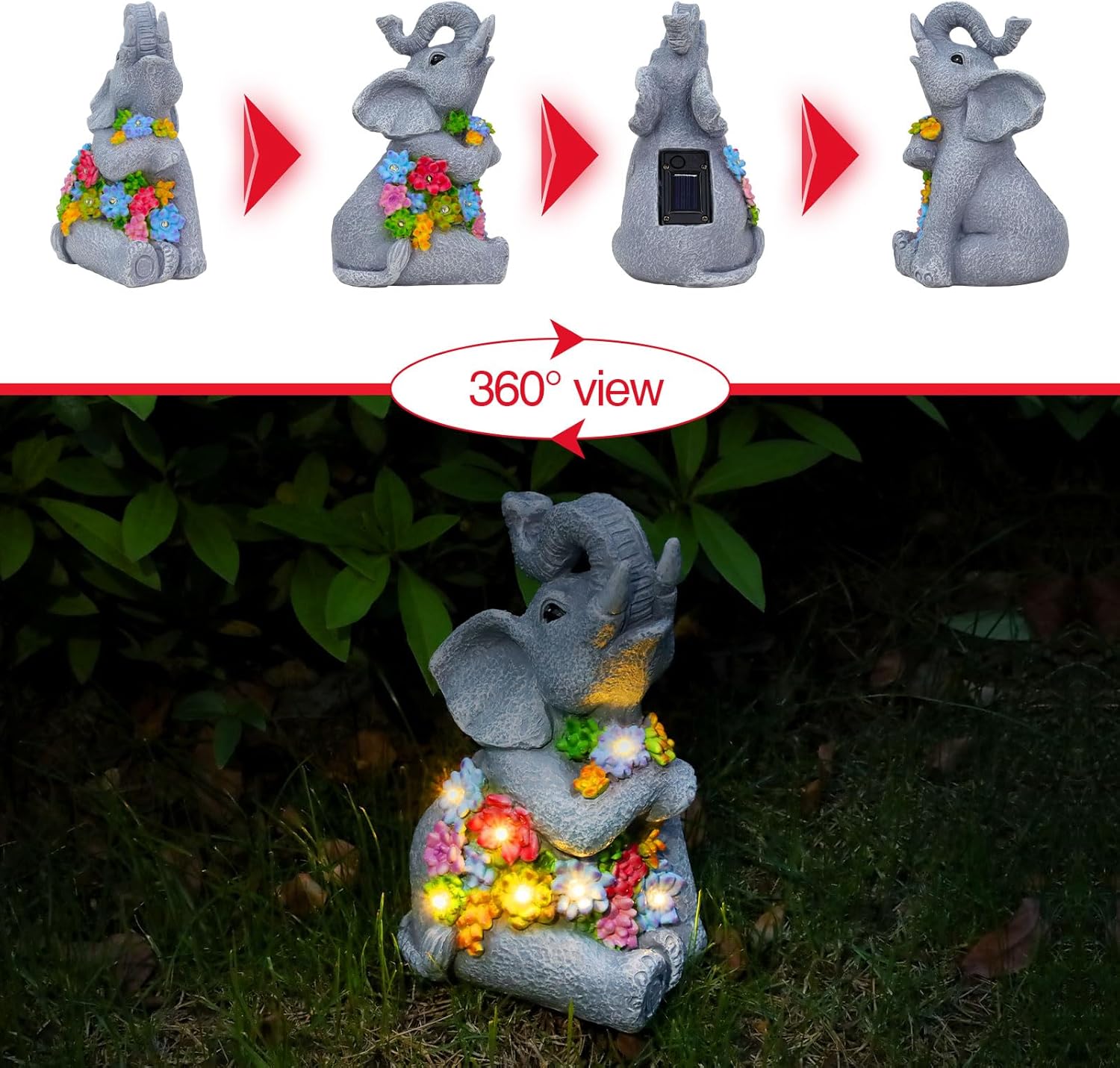 Solar Elephant Garden Statue LED Lights Waterproof Outdoor Decor