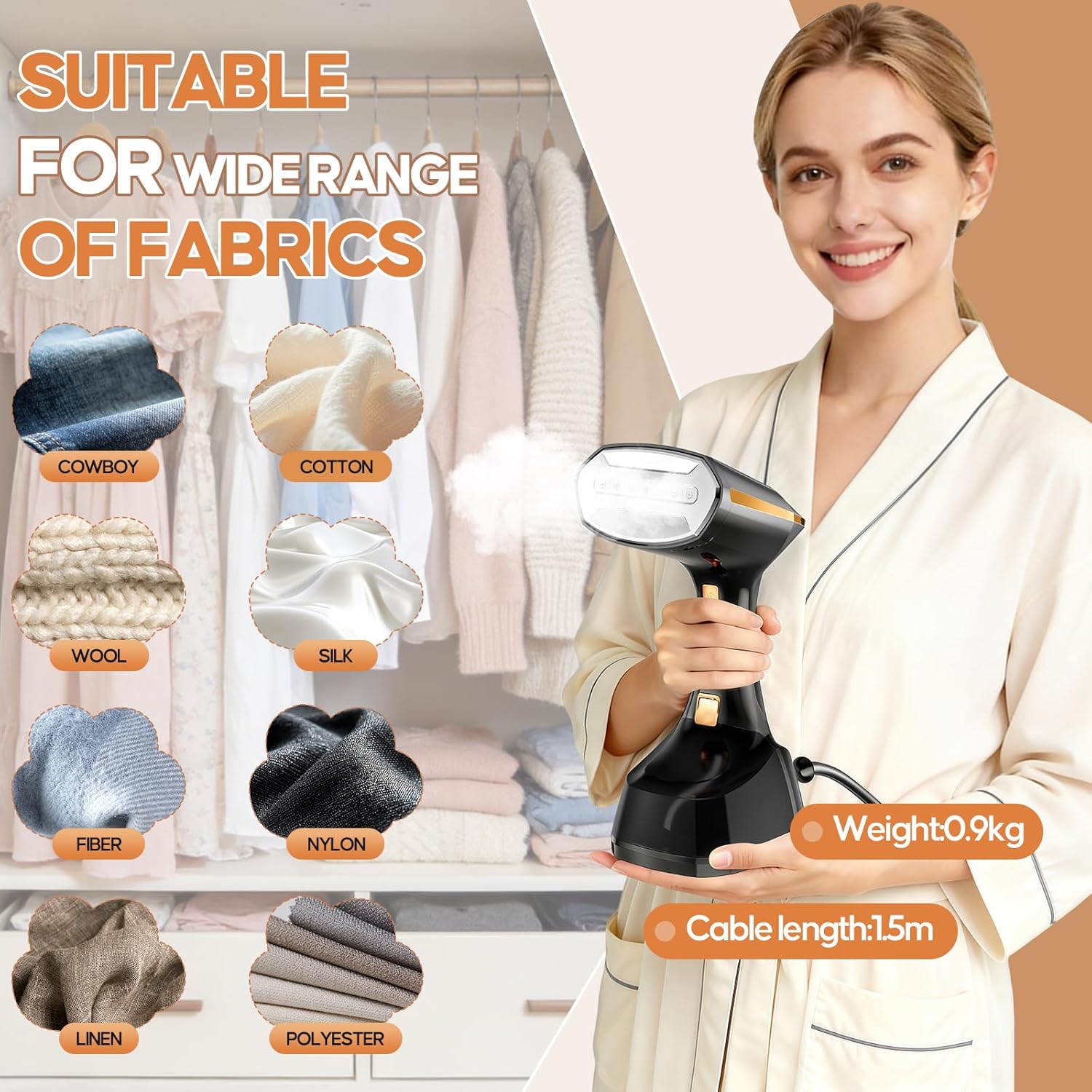 Handheld Clothes Steamer 1800W 300ml Tank LED 3 Modes Fast