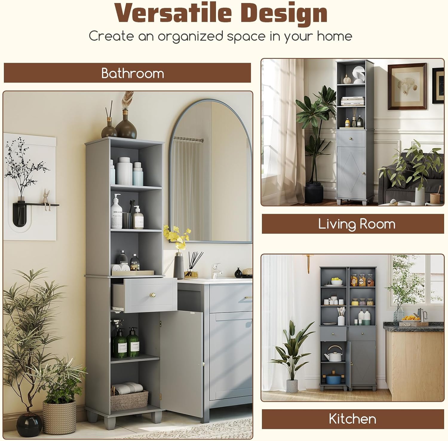 Tall Slim Storage Cabinet Grey Drawer Shelves Door Unit