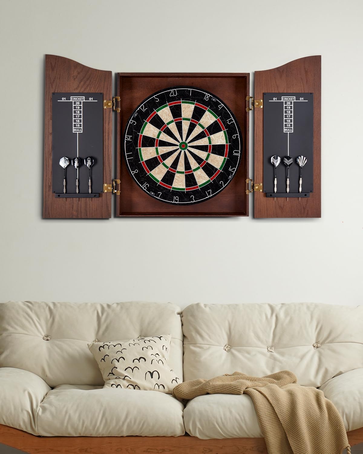 18in Dartboard Cabinet Set Sisal Board Wood Case 12 Darts Score