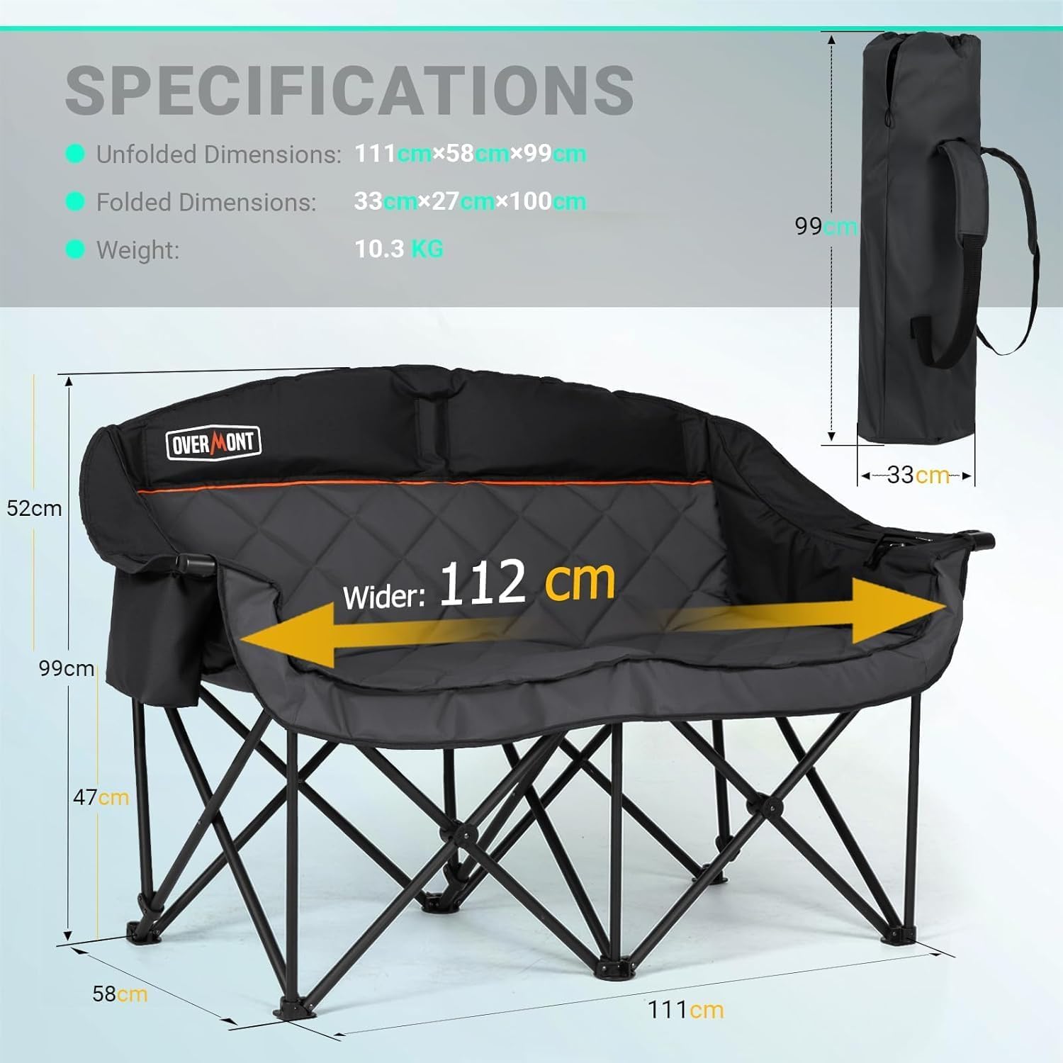 Oversized Double Camping Chair 2 Seater 382kg Black