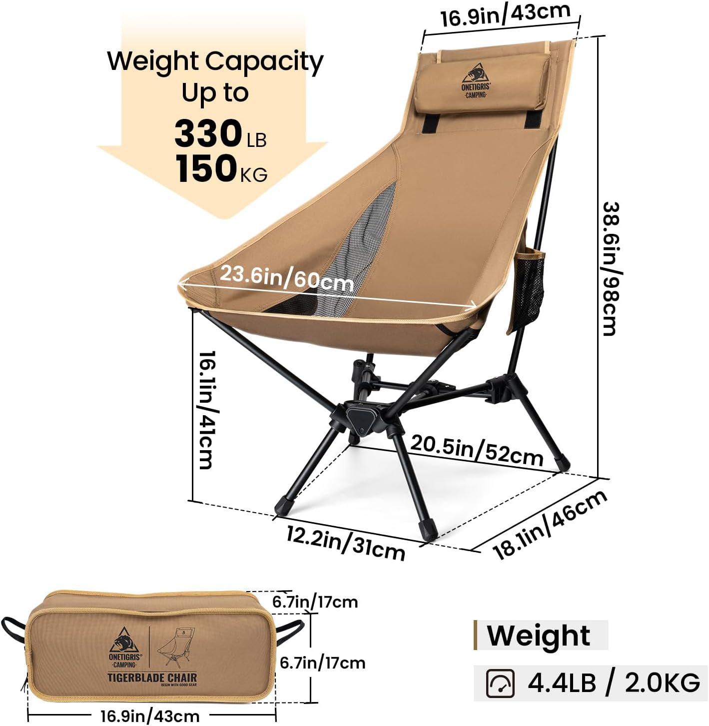 High Back Camping Chair with Pillow 150kg Brown