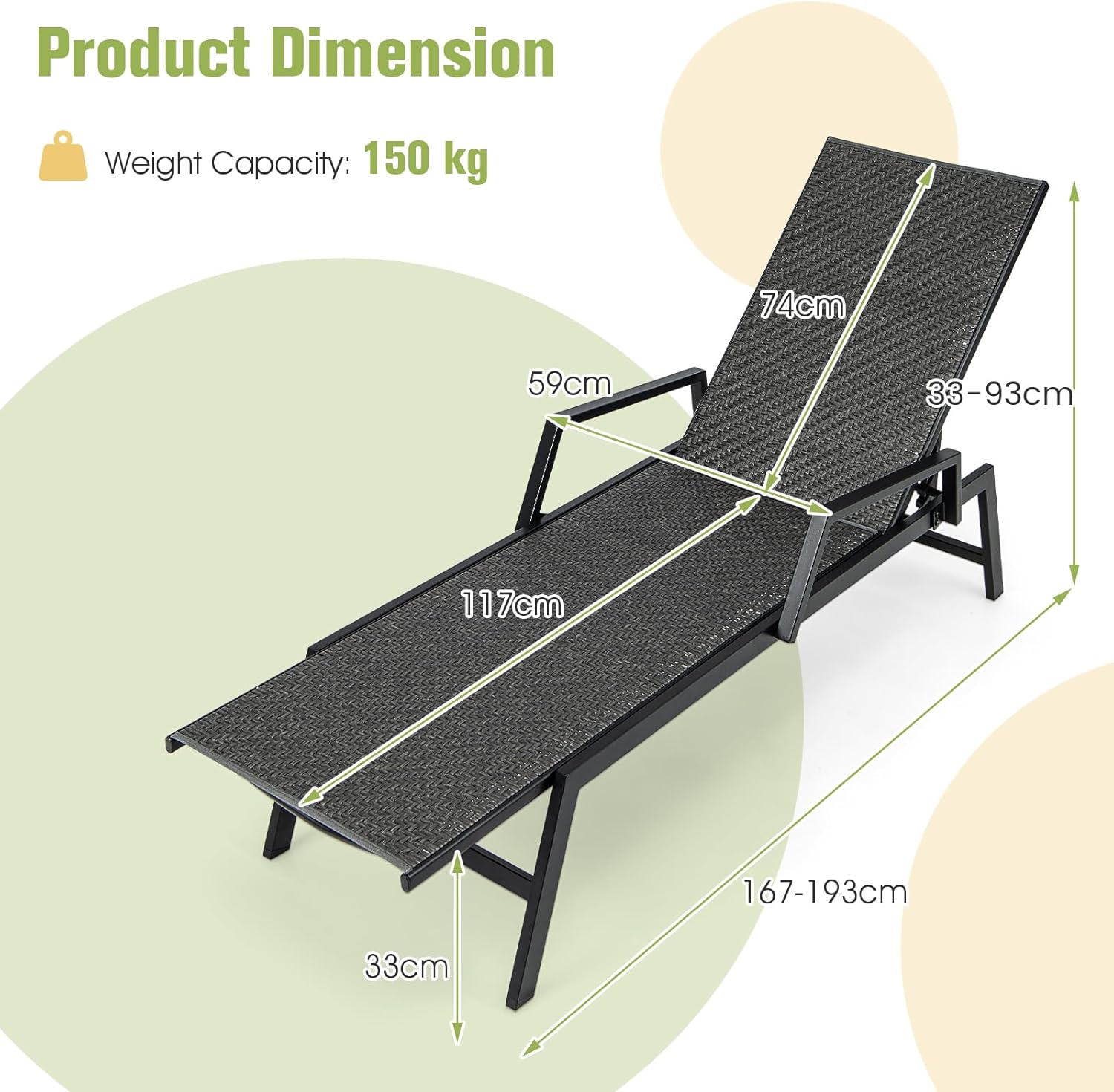 Rattan Sun Lounger 5 Position Recliner with Armrests