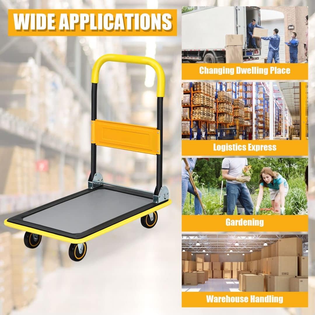 Folding Push Cart Dolly 150KG Flatbed Trolley Yellow