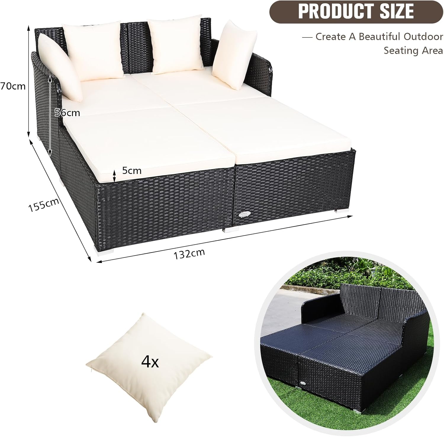 Outdoor Rattan Daybed Patio Sofa Sun Lounger White