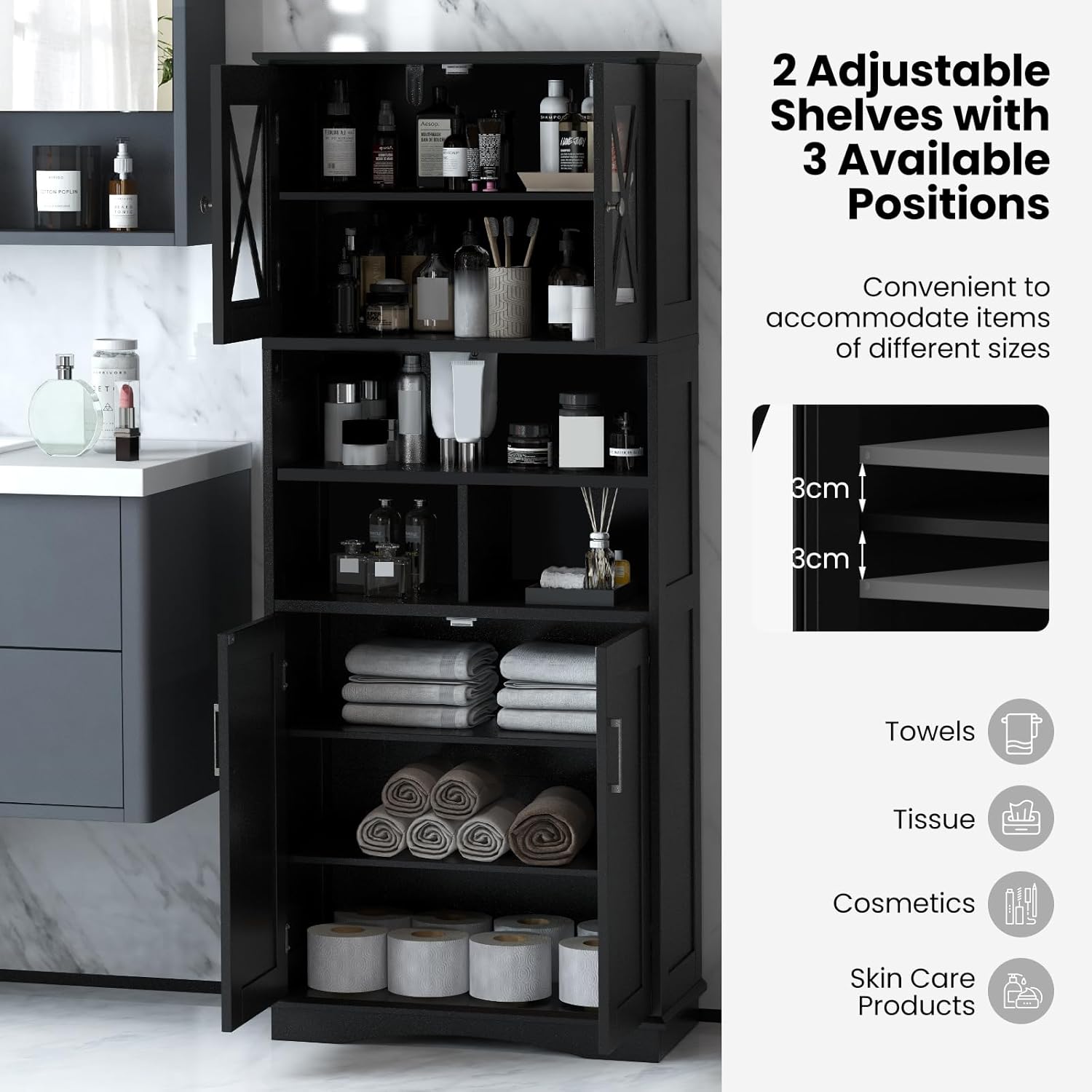 Tall Bathroom Storage Cabinet 4 Door Shelf Unit Black