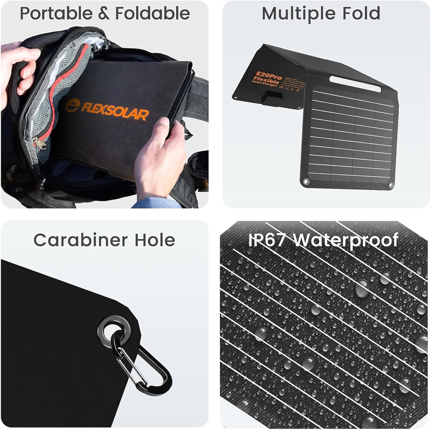 20W Foldable Solar Panel Charger USB C USB A IP67
