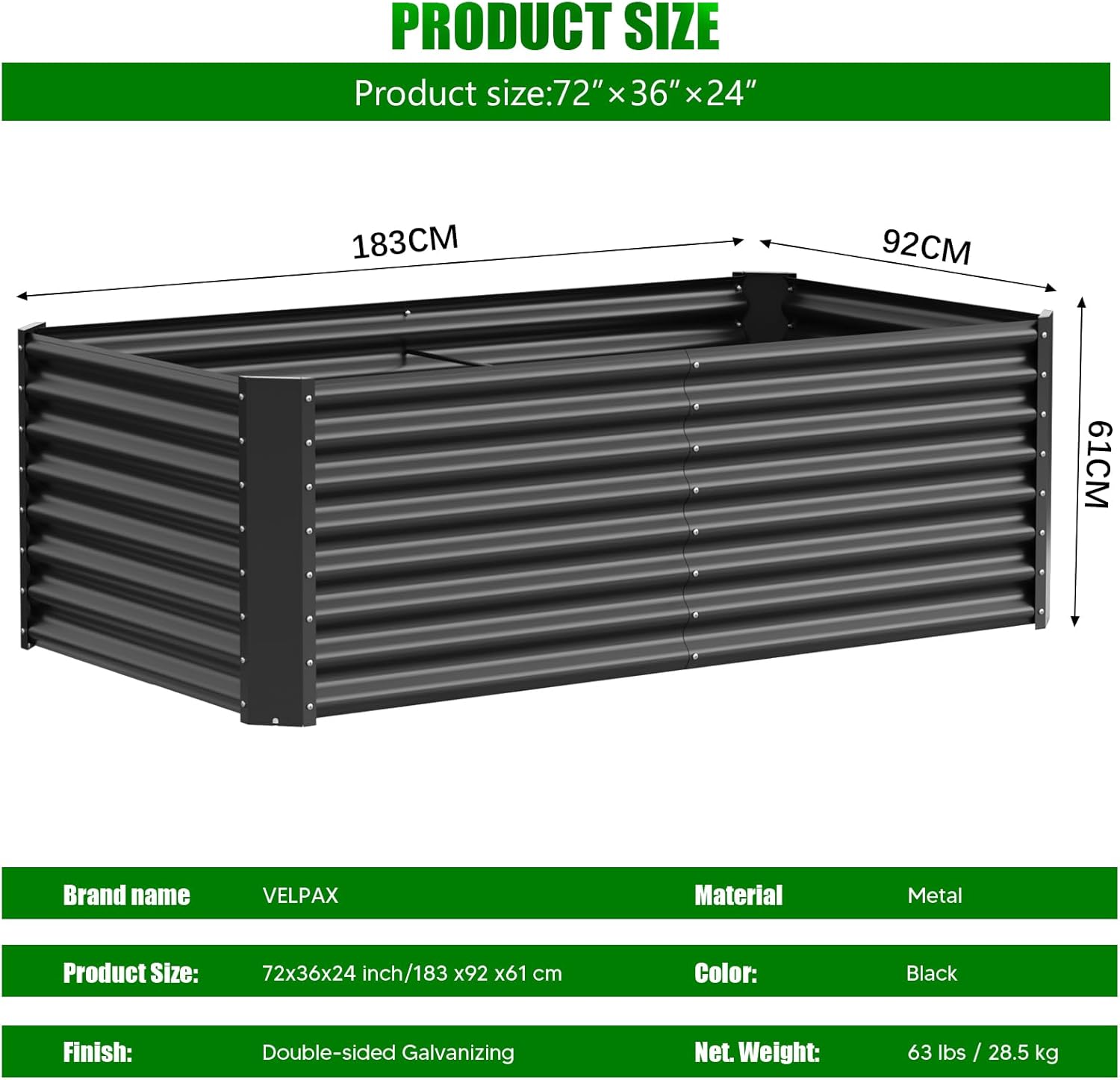 Large Metal Raised Garden Bed 183cm Black Steel Planter