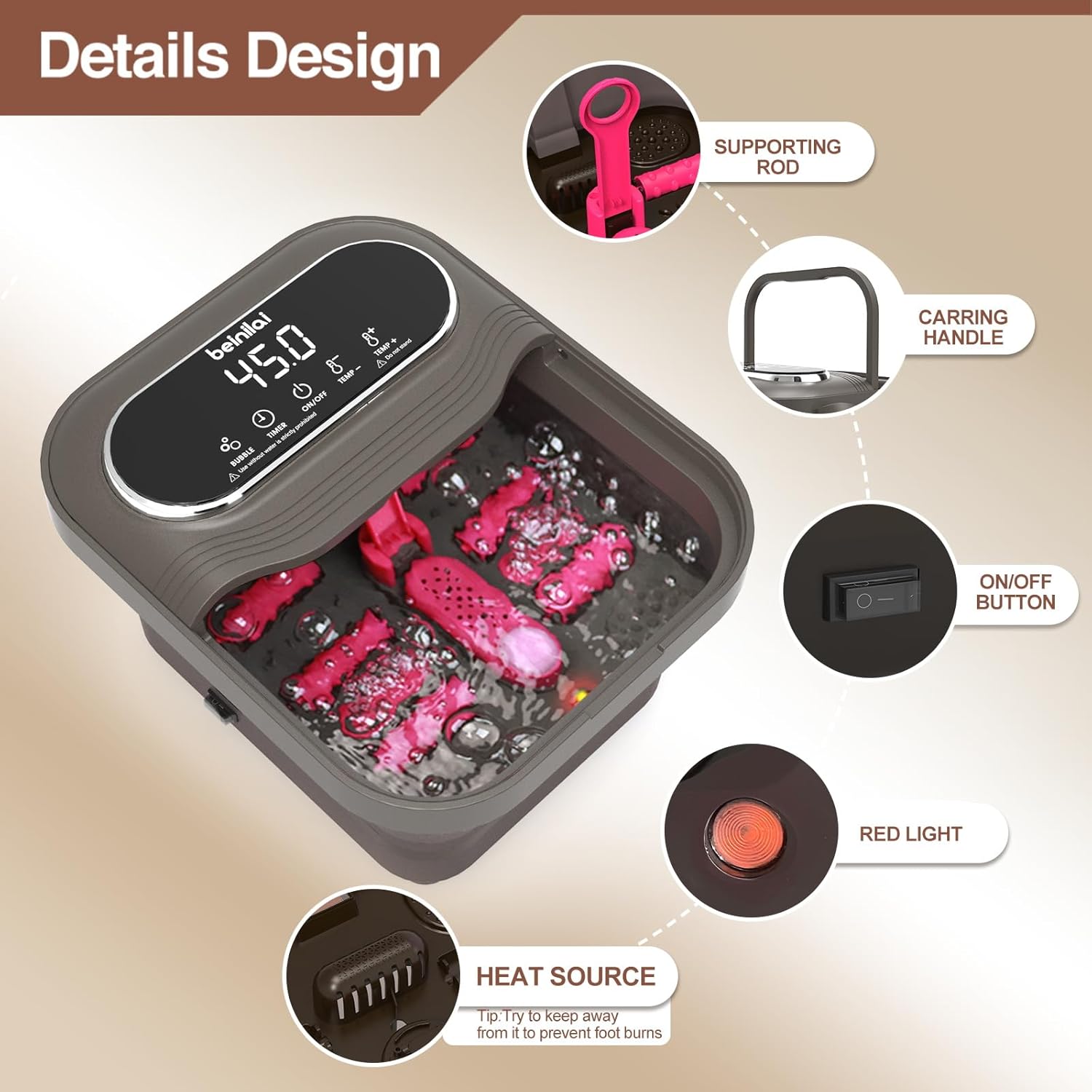 Collapsible Foot Spa Massager Heat Bubble Roller Bath Temp Control