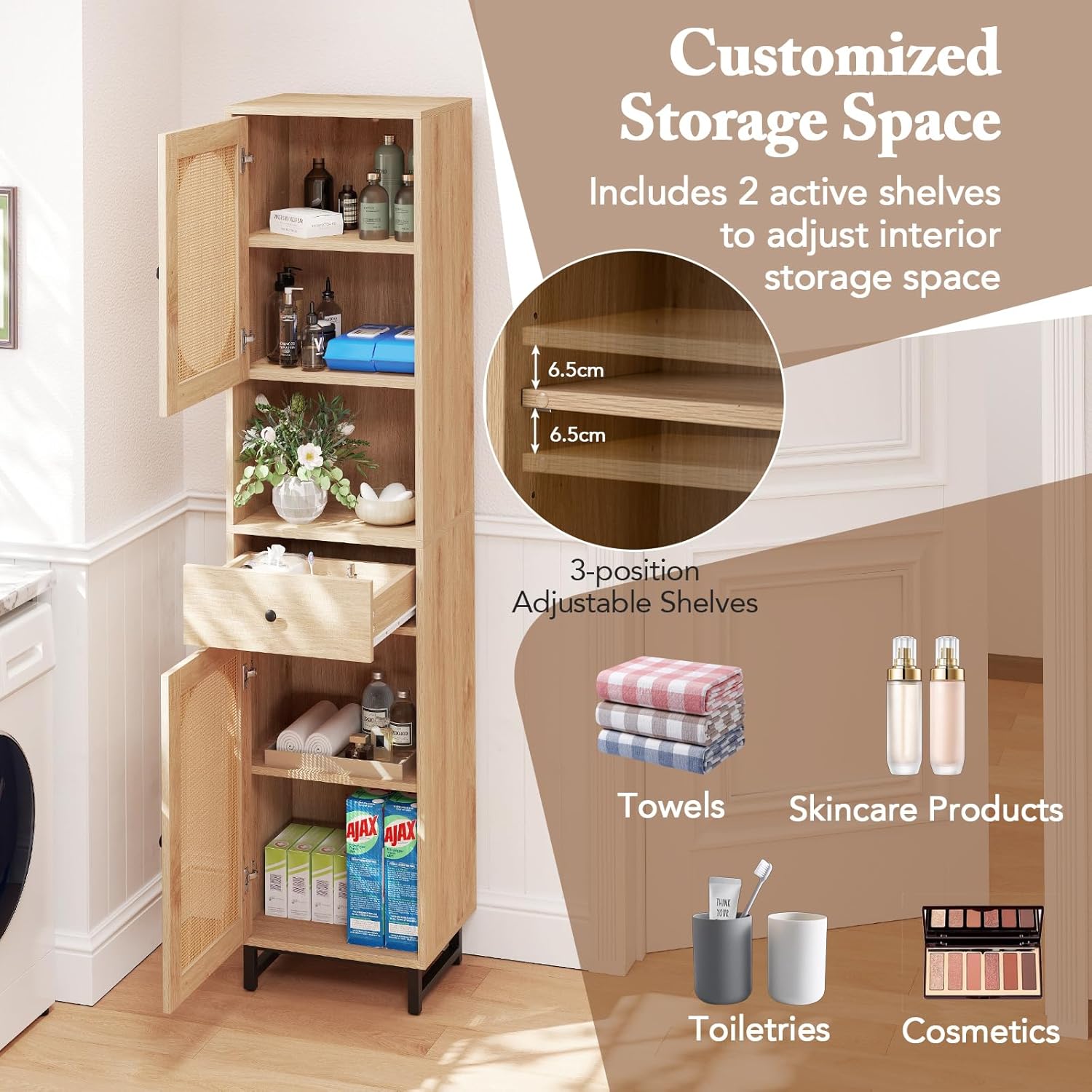 Tall Slim Storage Cabinet Natural Rattan Drawer Door Unit