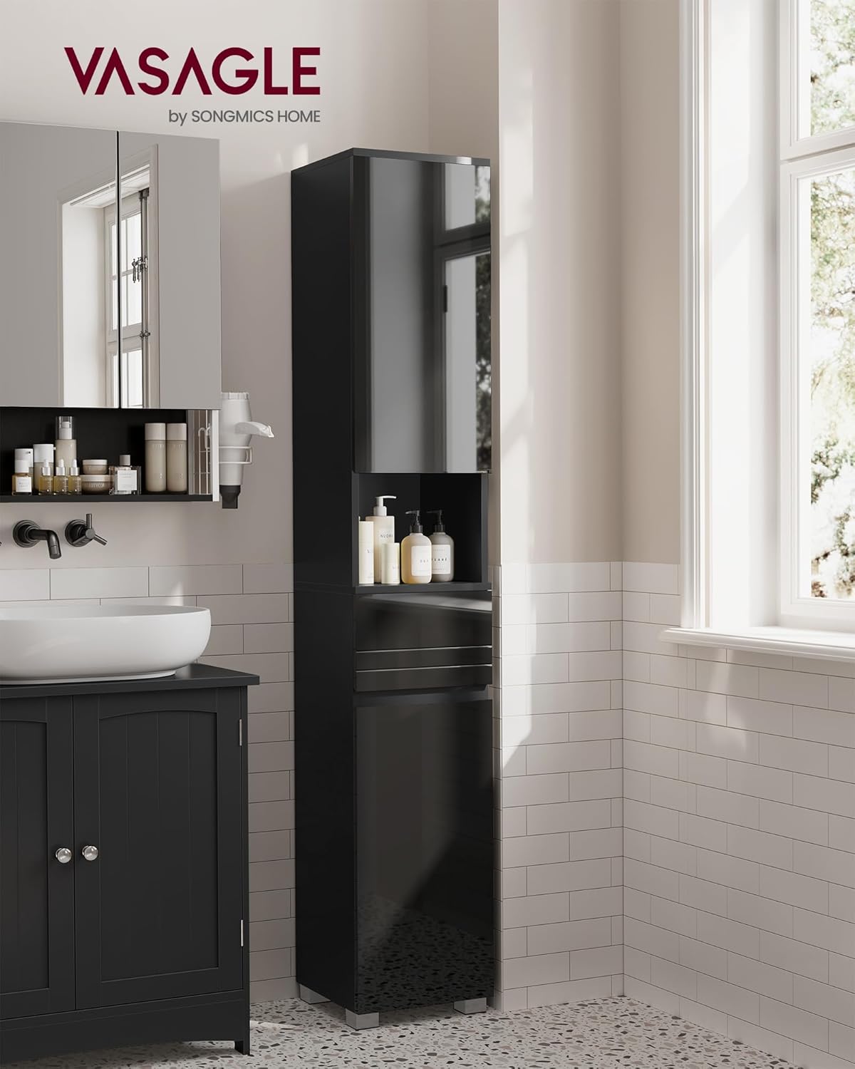 Tall Slim Bathroom Storage Cabinet Drawer Adjustable Shelves Black 170cm