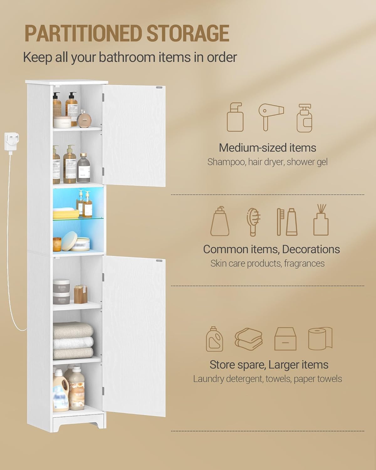 LED Tall Bathroom Storage Cabinet Remote Light Slim White 170cm