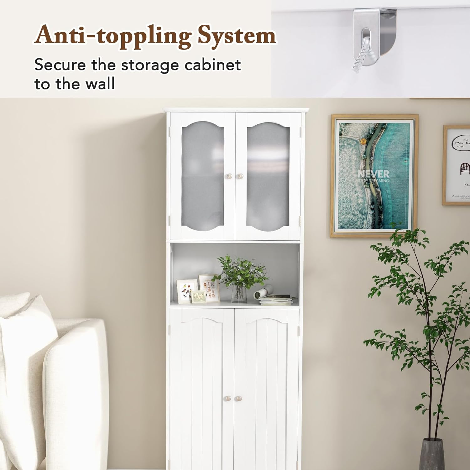 Tall Bathroom Cabinet White Frost Glass Door Shelf Unit