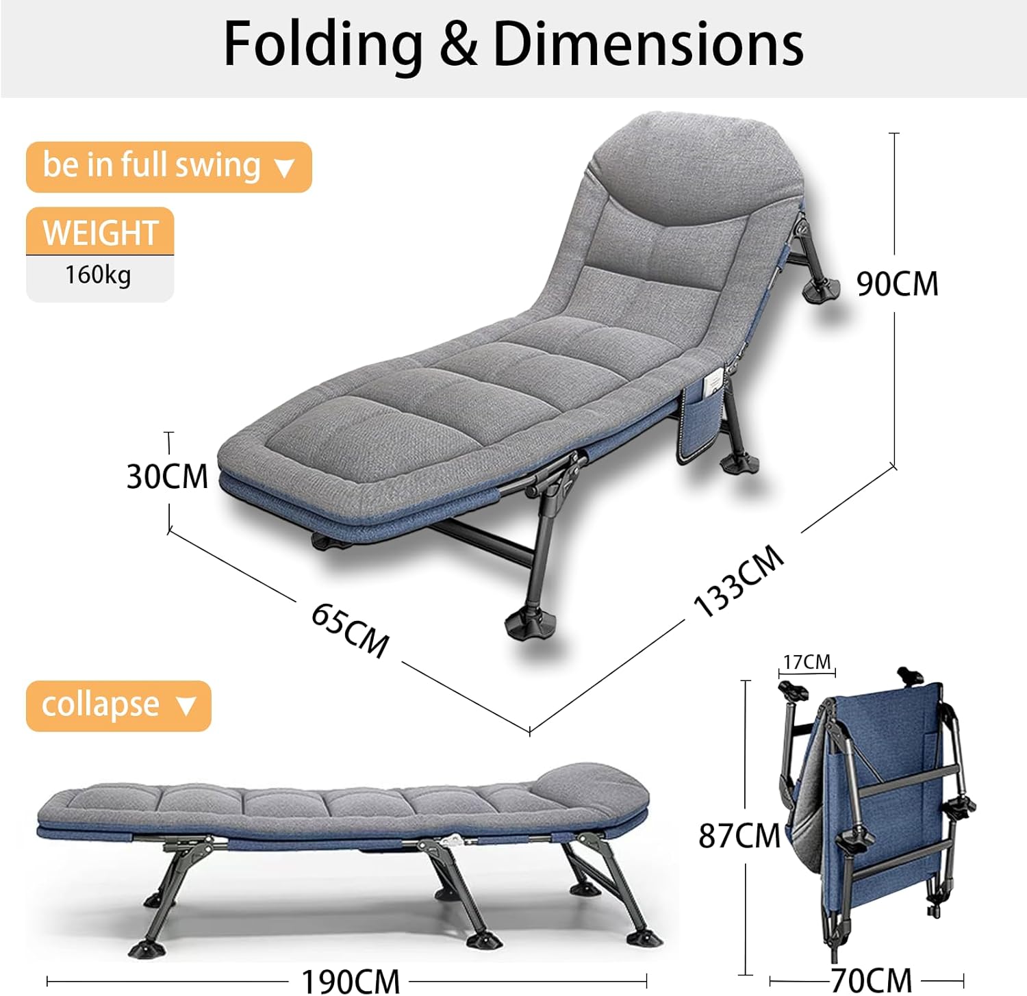 Adjustable Folding Sun Lounger Bed Grey 5 Position