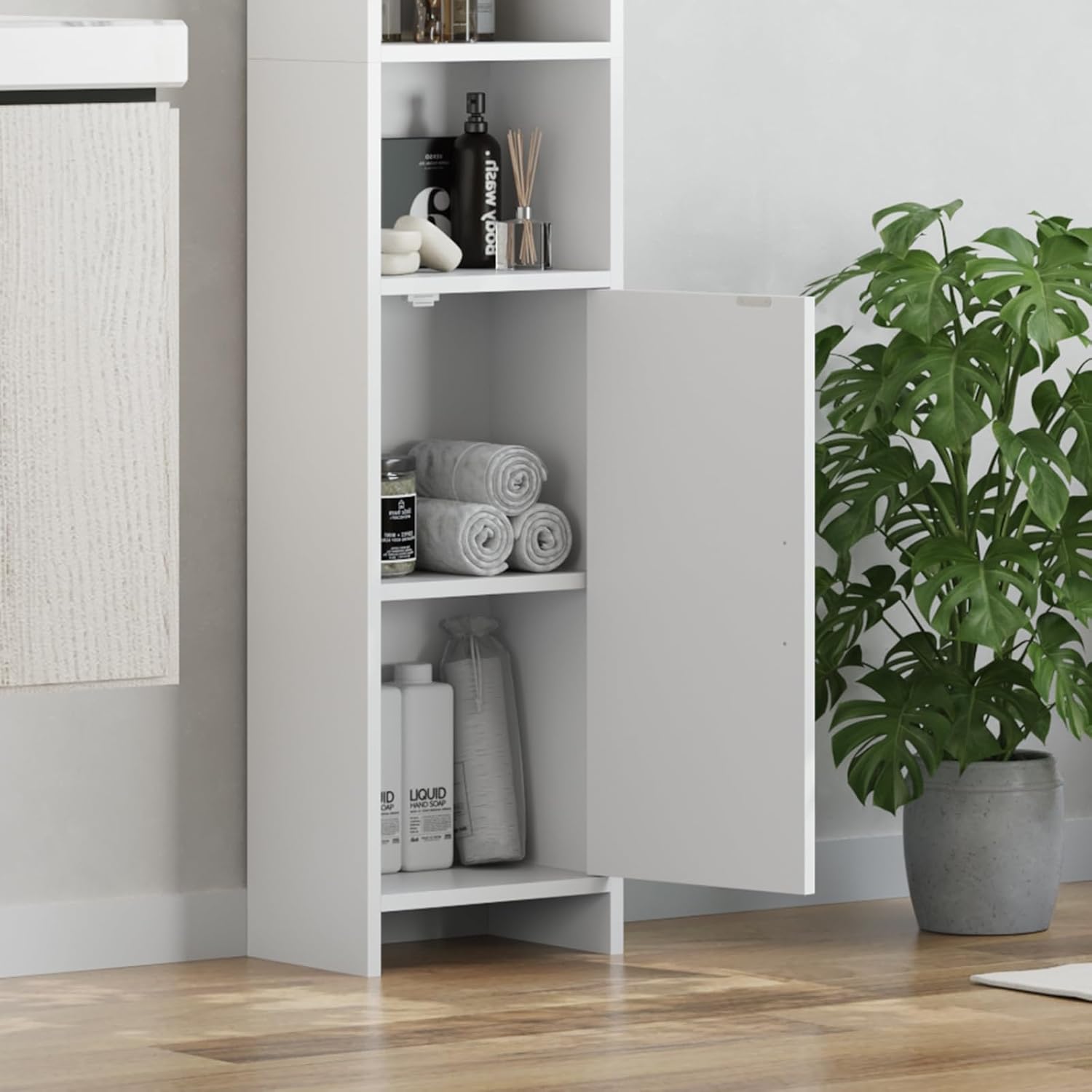 Tall Slim Storage Cabinet White Door Shelves 6 Tier Unit