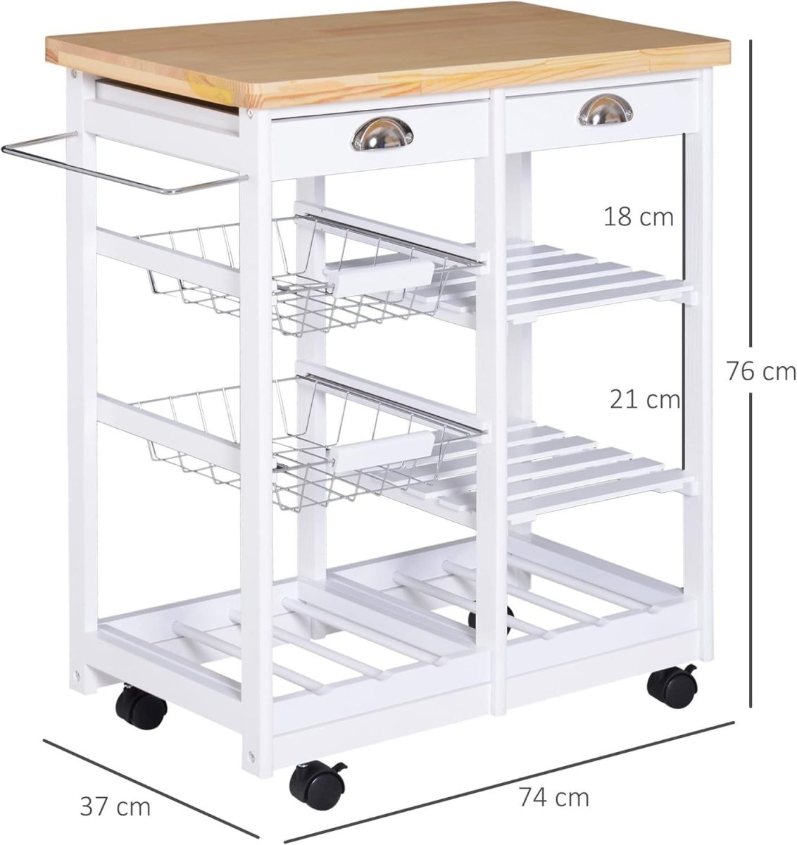 74x37x76cm Rolling Kitchen Island Cart 6 Wine Rack - Kwikley