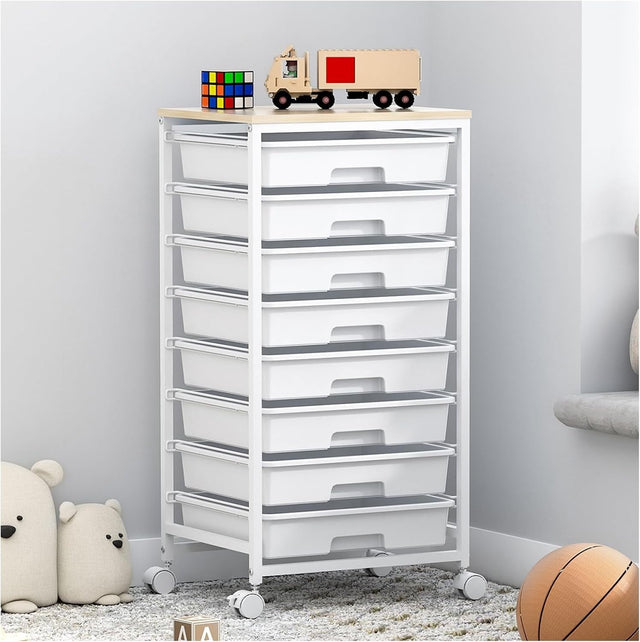 8 Drawer Mobile Storage Cart Rolling Utility Organizer White Trolley