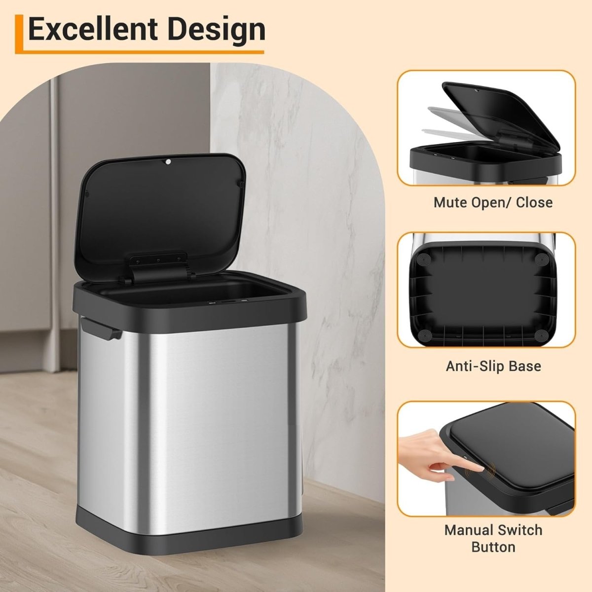8 Gallon Touchless Trash Can Stainless Steel Soft Close Slim - Kwikley