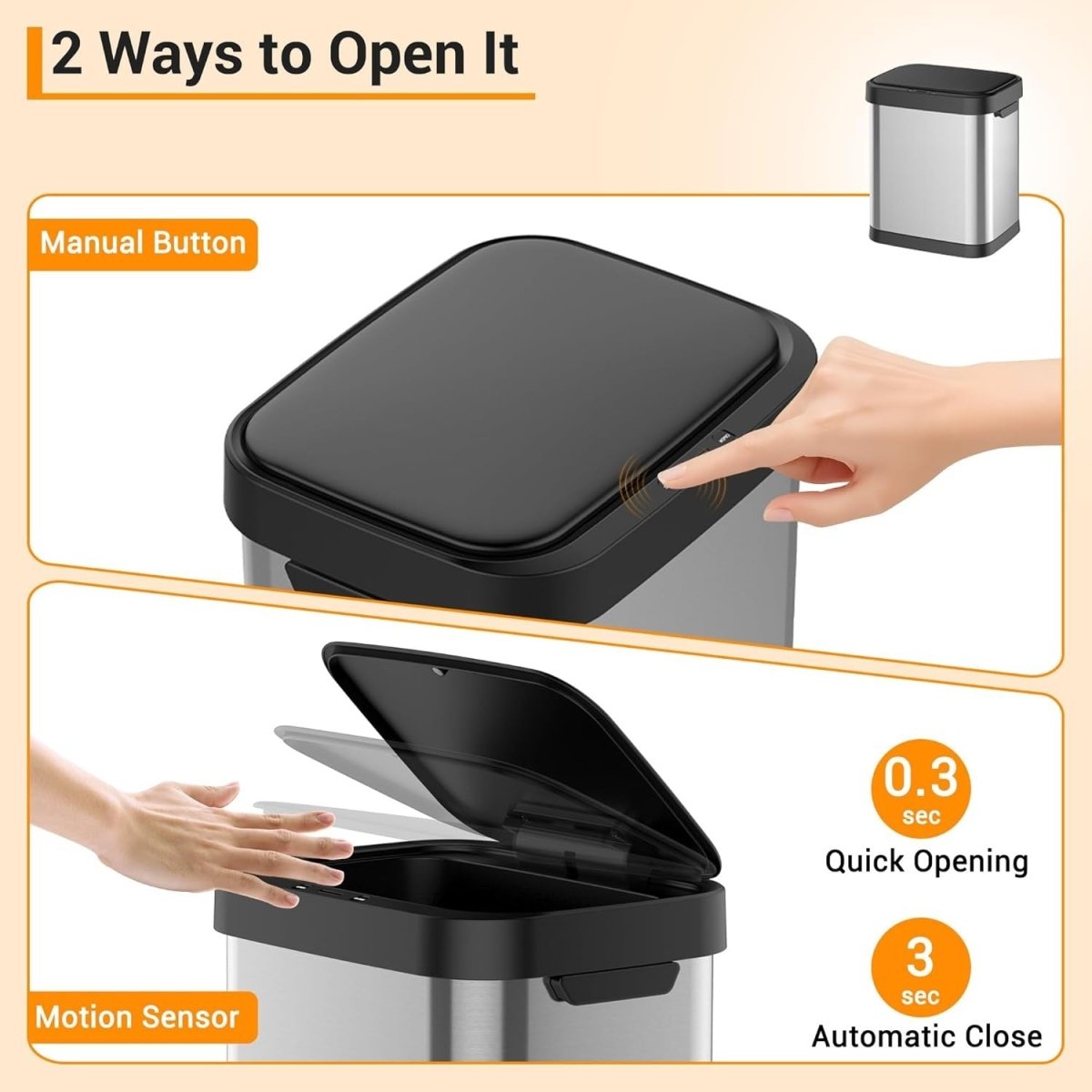 8 Gallon Touchless Trash Can Stainless Steel Soft Close Slim - Kwikley