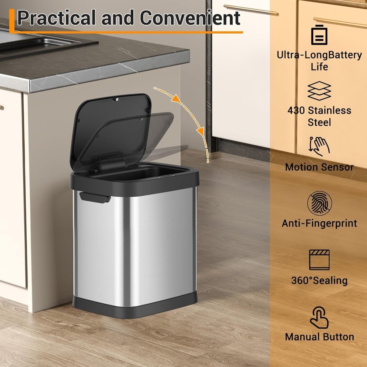 8 Gallon Touchless Trash Can Stainless Steel Soft Close Slim - Kwikley