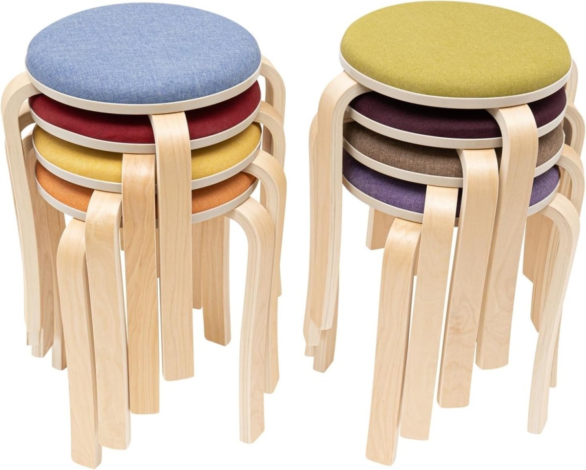 8 Pack Stackable Wooden Round Stools Upholstered Seat Kitchen Bar Stools - Kwikley