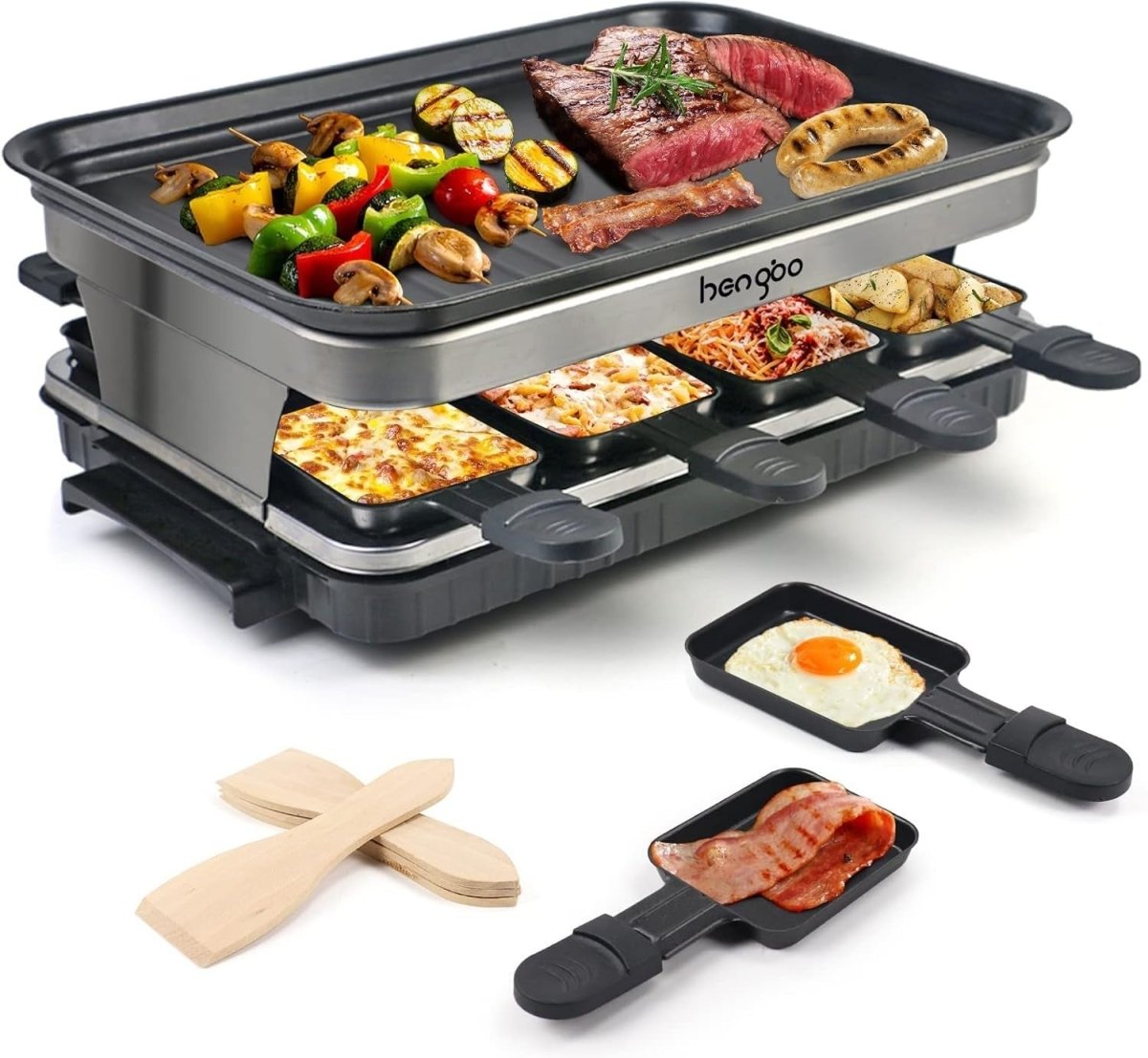 8 - Person Indoor Raclette Grill Non - Stick Cheese Pan Adjustable Temp 1500W - Kwikley