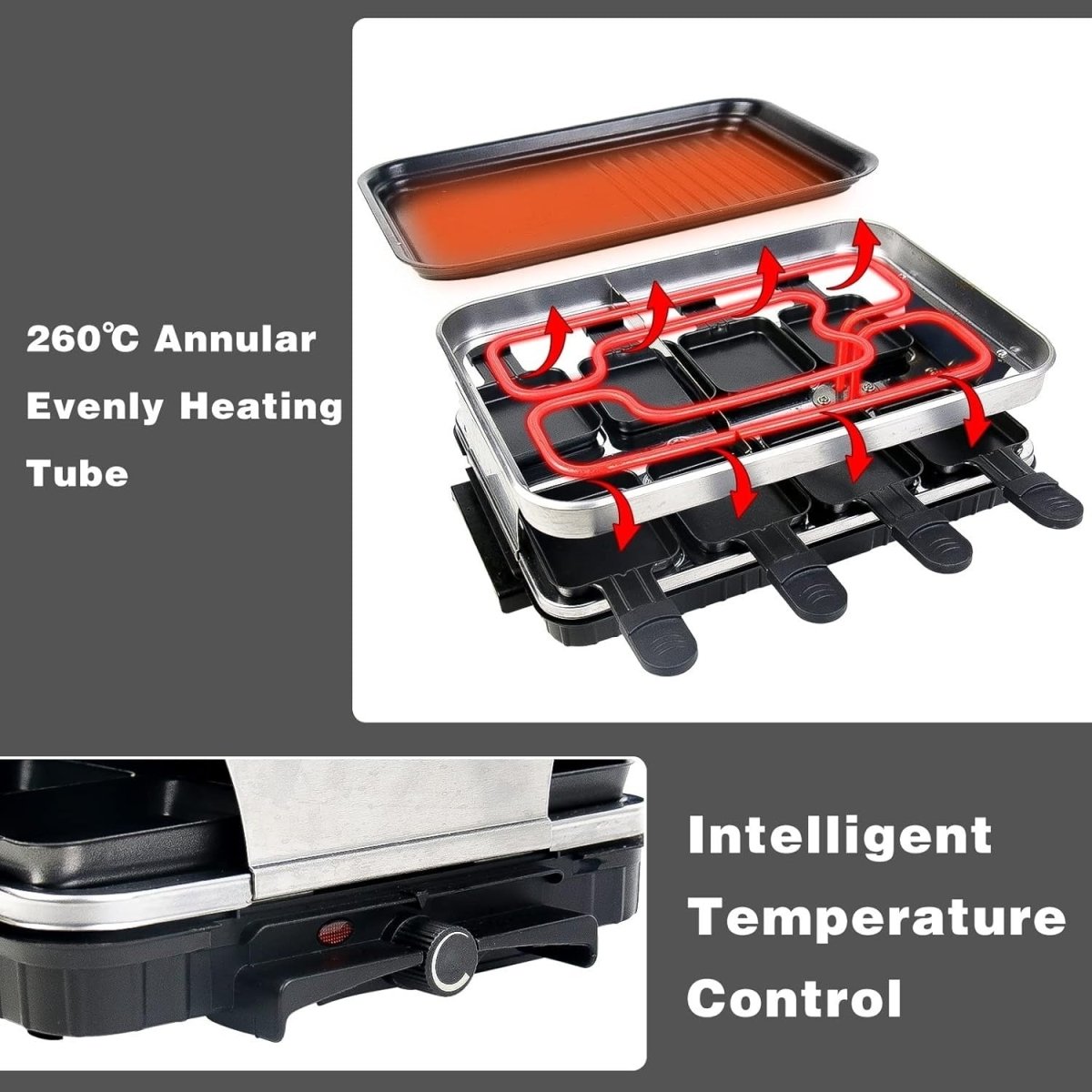 8 - Person Indoor Raclette Grill Non - Stick Cheese Pan Adjustable Temp 1500W - Kwikley