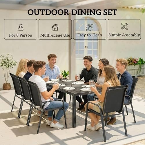 8 Seater Garden Dining Set Outdoor Patio Table with Stackable Chairs - Kwikley