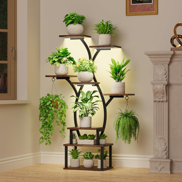 8-Tier Metal Plant Stand with Grow Lights, 122cm Indoor Flower Shelf Rack