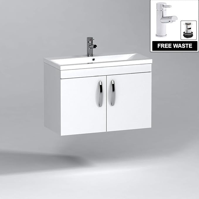 800mm Gloss White Wall Mounted Vanity Unit – 2 Door Sink Basin Cabinet Modern - Kwikley