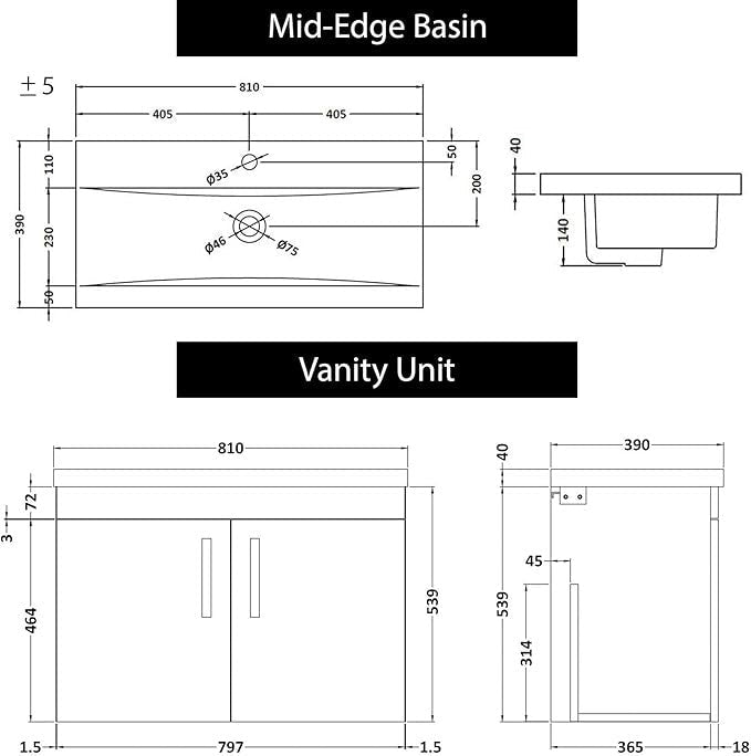 800mm Gloss White Wall Mounted Vanity Unit – 2 Door Sink Basin Cabinet Modern - Kwikley