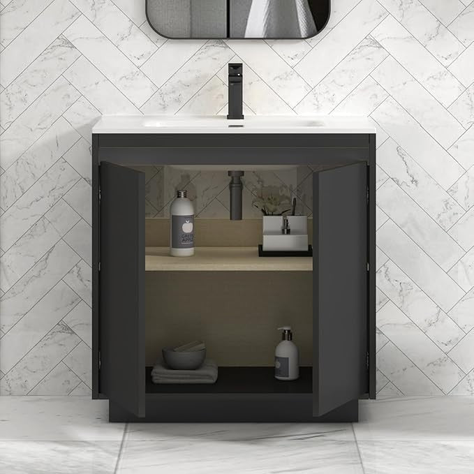 800mm Jet Black Floor Standing Vanity Unit with Basin Sink 2 Door Bathroom Cabin - Kwikley