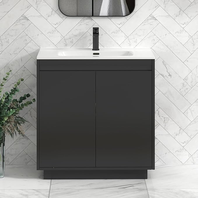 800mm Jet Black Floor Standing Vanity Unit with Basin Sink 2 Door Bathroom Cabin - Kwikley