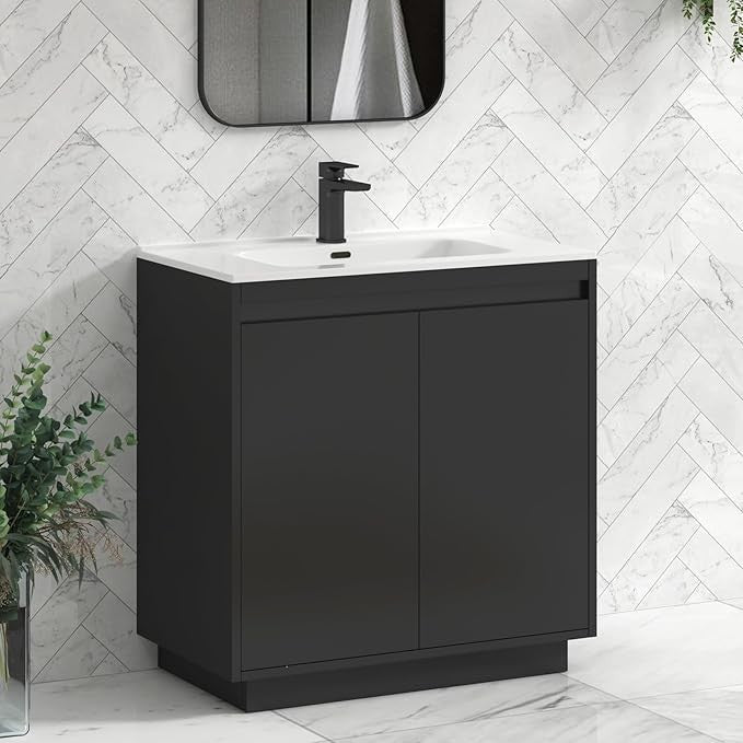 800mm Jet Black Floor Standing Vanity Unit with Basin Sink 2 Door Bathroom Cabin - Kwikley
