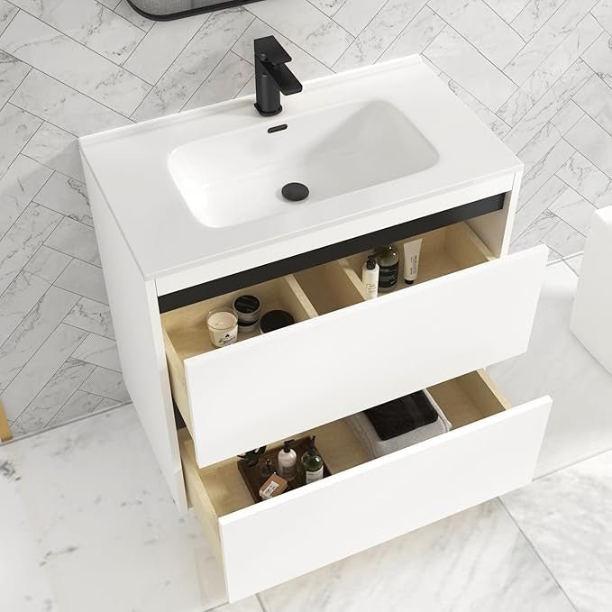 800mm Matte White Floor Standing Vanity Unit with Basin Sink 2 Drawer Cabinet - Kwikley