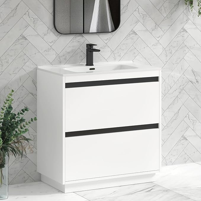 800mm Matte White Floor Standing Vanity Unit with Basin Sink 2 Drawer Cabinet - Kwikley