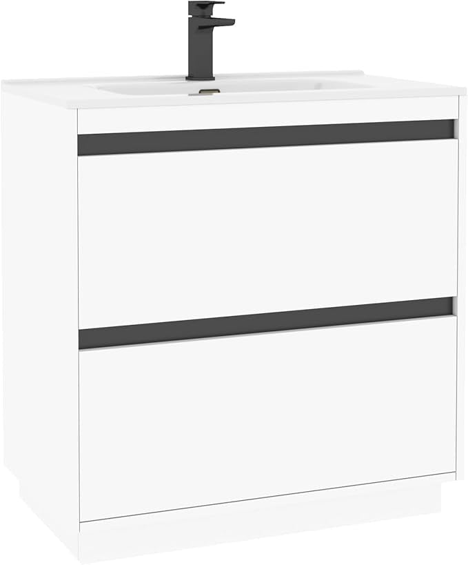 800mm Matte White Floor Standing Vanity Unit with Basin Sink 2 Drawer Cabinet - Kwikley
