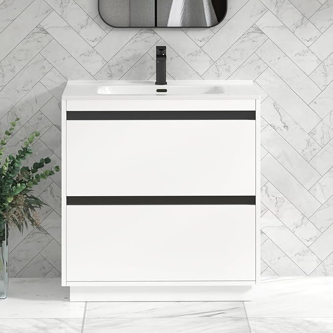 800mm Matte White Floor Standing Vanity Unit with Basin Sink 2 Drawer Cabinet - Kwikley