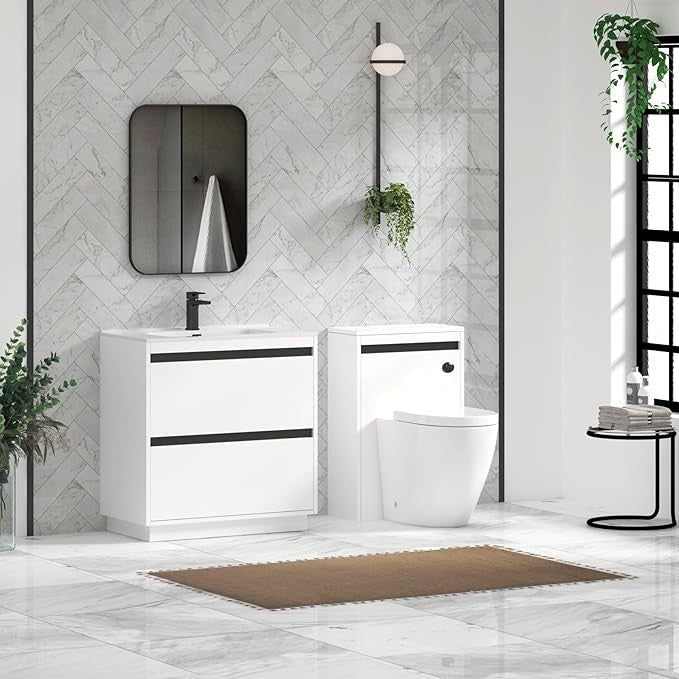 800mm Matte White Floor Standing Vanity Unit with Basin Sink 2 Drawer Cabinet - Kwikley