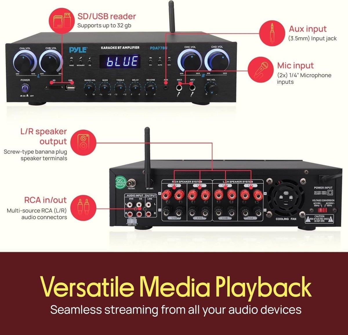 800W 4 Channel Bluetooth Stereo Amplifier USB SD FM Karaoke - Kwikley